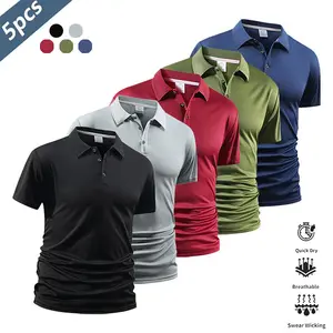 Men’s 5-Piece Quick-Dry Short-Sleeve Golf/Tennis Polo Set, Breathable, Quick-Drying, Comfortable Riding Apparel, Featuring Colorblock Collar and Cuffs, Medium Size, SpringStatements