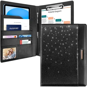 Glitter Padfolio/Resume Portfolio Folder for Women Men,  Cute Chic Padfolio Cover Folder, Conference/Legal Document Organizer with Letter/A4 Size Clipboard, Document Sleeve, Black