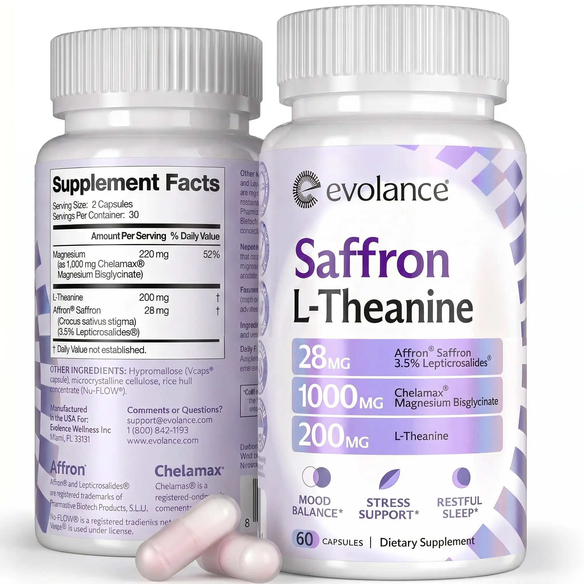 Evolance Calm+Rest — Melatonin-Free Sleep & Calm Support: Magnesium Bisglycinate, Saffron & L-Theanine, 60 Veg Capsules