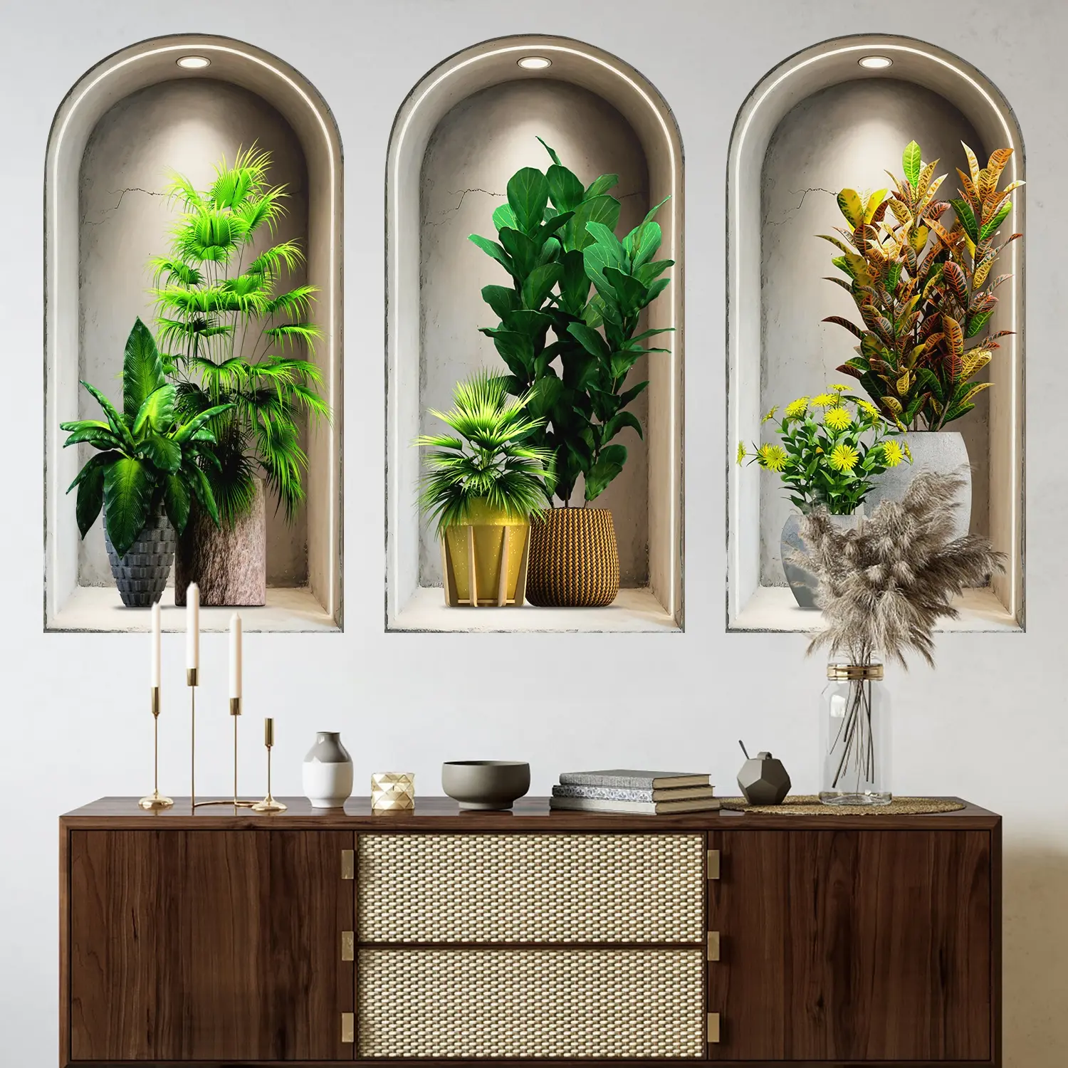 3-piece set, Nordic green plant themed simulated arched window flower basin wall sticker, self-adhesive removable decorative sticker, Wall Decal, Vinyl Sticker, suitable for wall decoration in living rooms, dining rooms, and study rooms