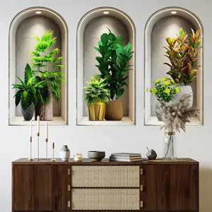 3-piece set, Nordic green plant themed simulated arched window flower basin wall sticker, self-adhesive removable decorative sticker, Wall Decal, Vinyl Sticker, suitable for wall decoration in living rooms, dining rooms, and study rooms