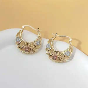 Vintage Flower Hoop Earrings for Women - 14K Gold Plated Tri-Color Filigree Basket Design, Elegant Statement Earrings for Daily Wear & Gift