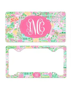 Personalized Chinoiserie License Plate Frame, Pink Preppy Monogram Car Tag, Custom Initial Car Plate, Lilly Inspired Car Accessories, Cute Girly Car Decor