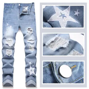 Jeans Men's Hole-Torn Street Five-Star Embroidery Daily Casual Pants