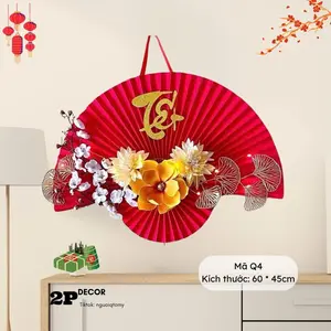 2026 New Year Red Fan Wall Decor Handmade Floral Hanging 60x45cm for Festive Home Decorations