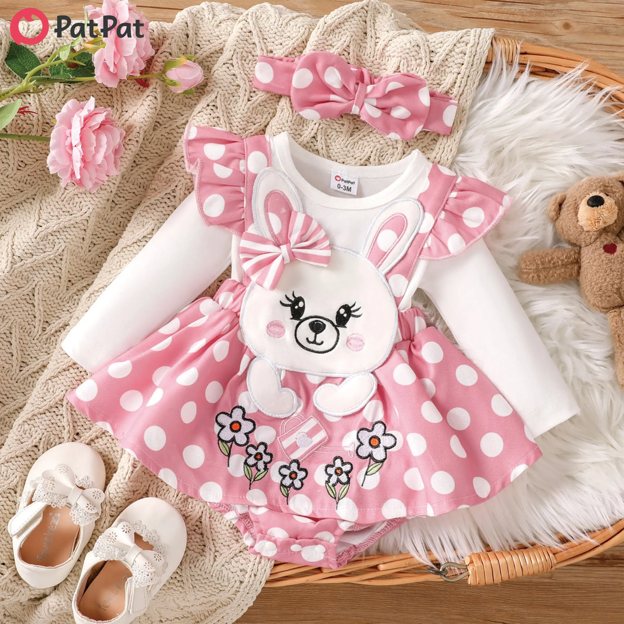 PatPat Baby Girl Rabbit Pattern Ruffle Long Sleeve Romper
