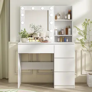 Vabches Makeup Vanity with Lights, 37inch Vanity Desk with Power Strip, 4 Drawers Makeup Table with Lighted Mirror, 3 Lighting Colors, White