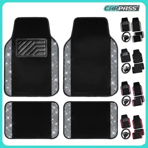 CAR PASS Bling Diamond Leather Steering Wheel Cover 14.5in-15in Floor Mats Shining Rhinestone Carpet Sparkly Glitter Crystal Anti-Slip Pad Fit Automotive SUV Pickup Truck Girl Women, 5pcs Black Sliver