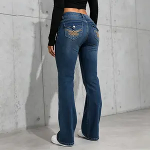 Women's Indigo Slim Bootcut Jeans - Blue Washed Denim Flare Bottoms, Elastic Waistband, Fitted Long Style, 2-Season Stylish Comfortable Versatile Womenswear