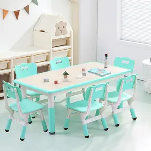 Kids Table and Chairs, Height Adjustable Toddler Table and 6 Chair, Multi-Activity Table with Graffiti Desktop Non-Slip Legs for Ages 2-10, Children Activity Table for Daycare, Classroom, Home,Bright Blue