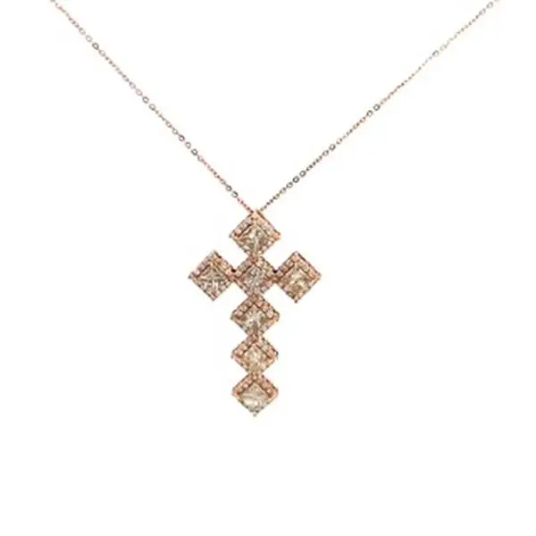 14k Rose Gold 2.35ct Chocolate Princess Cut and .90ct SI1 round diamond cross necklace