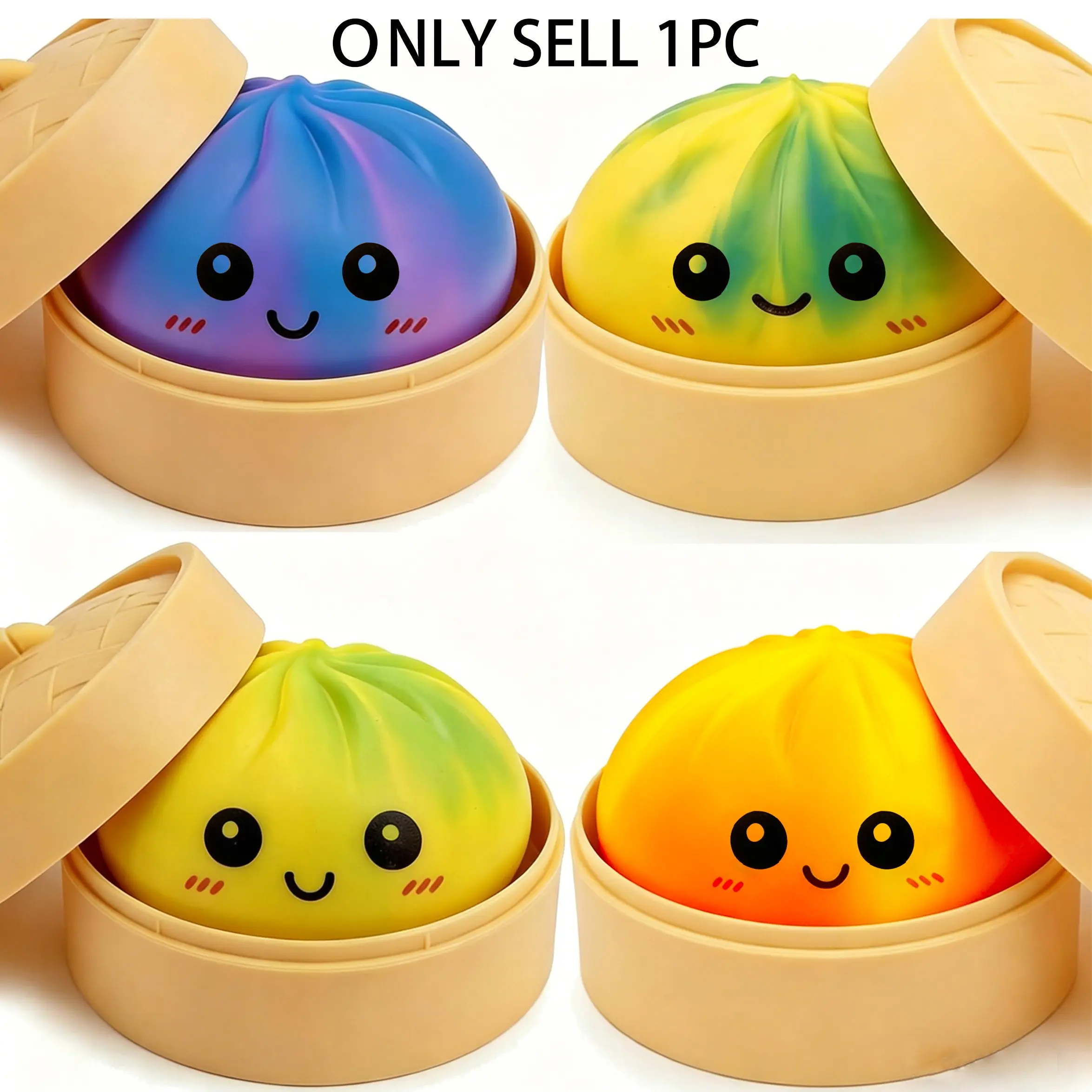 Colorful Dumpling Shape Toy with Steamer Box, Fun Sensory Squeeze Dough Stress Ball, Realistic Steamed Bun Squishy Stress Relief Toy, Travel Aid, Gift, Soft Squishy