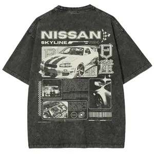 Vintage JDM Sports Car Graphic Washed Denim T-Shirt Skyline Men's Graphic Tees Streetwear Outfits Men Vacation Outfits Oversized Tshirt Men