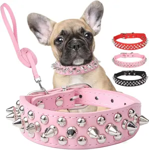 Spiked Studded Dog Collar And Leash Set, Artificial Leather Dog Rivet Collar Adjustable Dog Collar For Outdoor Walking