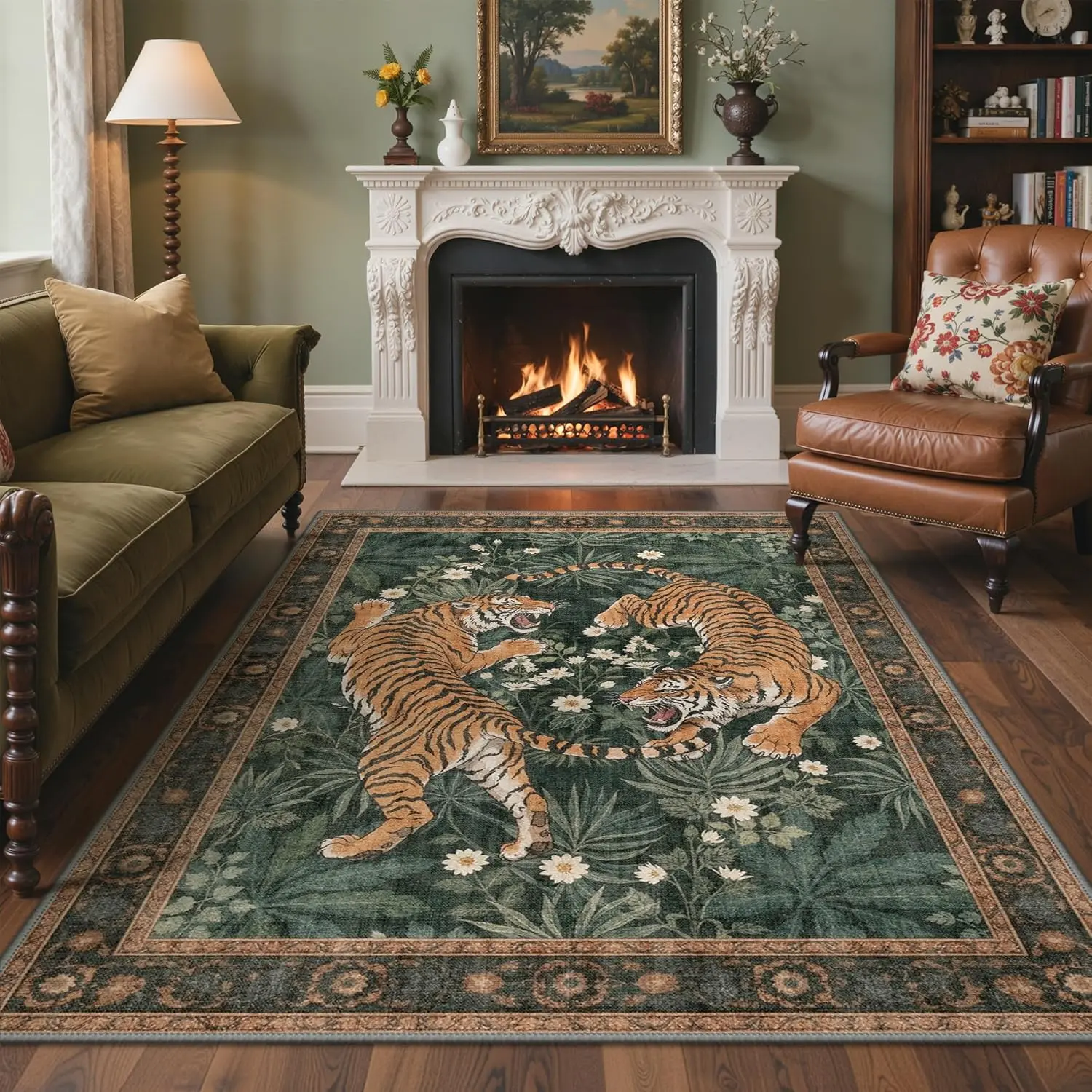 【Deals For You Days】GENIMO Tiger Area Rugs, Boho Vintage Oriental Living Room Rug, Non Slip Washable Rug Stain Resistant, Low Pile Thin Soft Animal Botanical Carpet for Bedroom, Dining Room, Office, Green