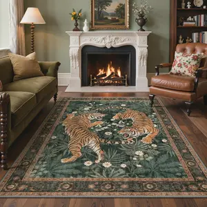 【Summervibes】GENIMO Tiger Area Rugs, Boho Vintage Oriental Living Room Rug, Non Slip Washable Rug Stain Resistant, Low Pile Thin Soft Animal Botanical Carpet for Bedroom, Dining Room, Office, Green