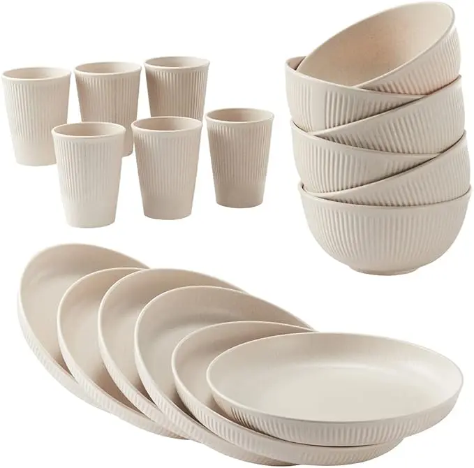 18pcs Wheat Straw Dinnerware Sets - Unbreakable, Reusable, Dishwasher & Microwave Safe Tableware
