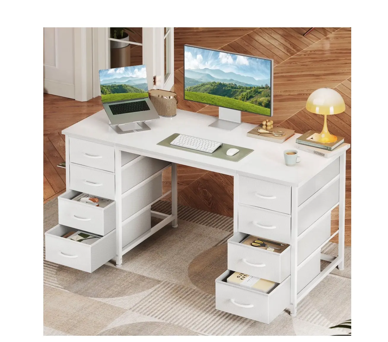 White Computer Desk with Drawers for Storage - 48 inch Home Office Desk with 8 Fabric Drawers, Writing Study Desk with Drawers on Both Sides for Bedroom