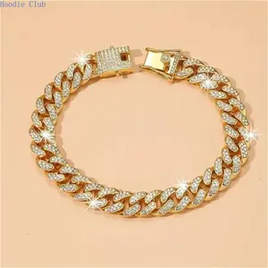 Lced Out Miami Cuban Link Bracelet & Anklet, Gold Plated Hip Hop Bling Jewelry with Prong Set CZ Diamonds, Unisex Streetwear Chain Accessory with Gift Box for Party, Birthday & Holiday Wear