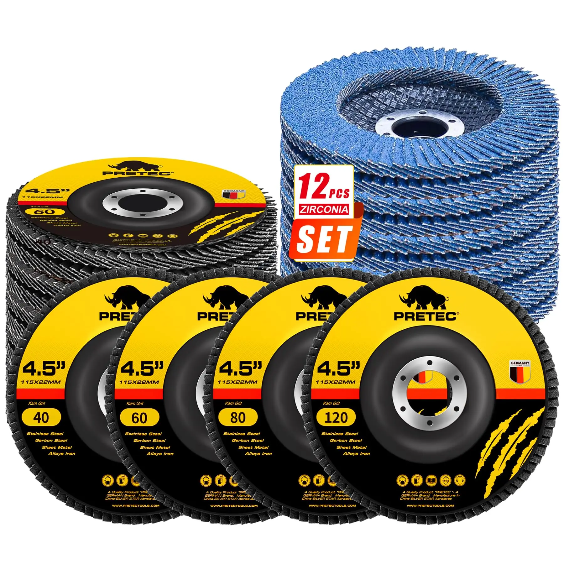 Flap Discs 4 1/2 for Angle Grinder, 12 Pcs Flap Discs 40/60/80/120 Grit, 4.5" x 7/8" High Density Zirconia Type 27 Flap Sanding Disc for Grinding, Rust Removal, Sanding and Finishing -12 Packs