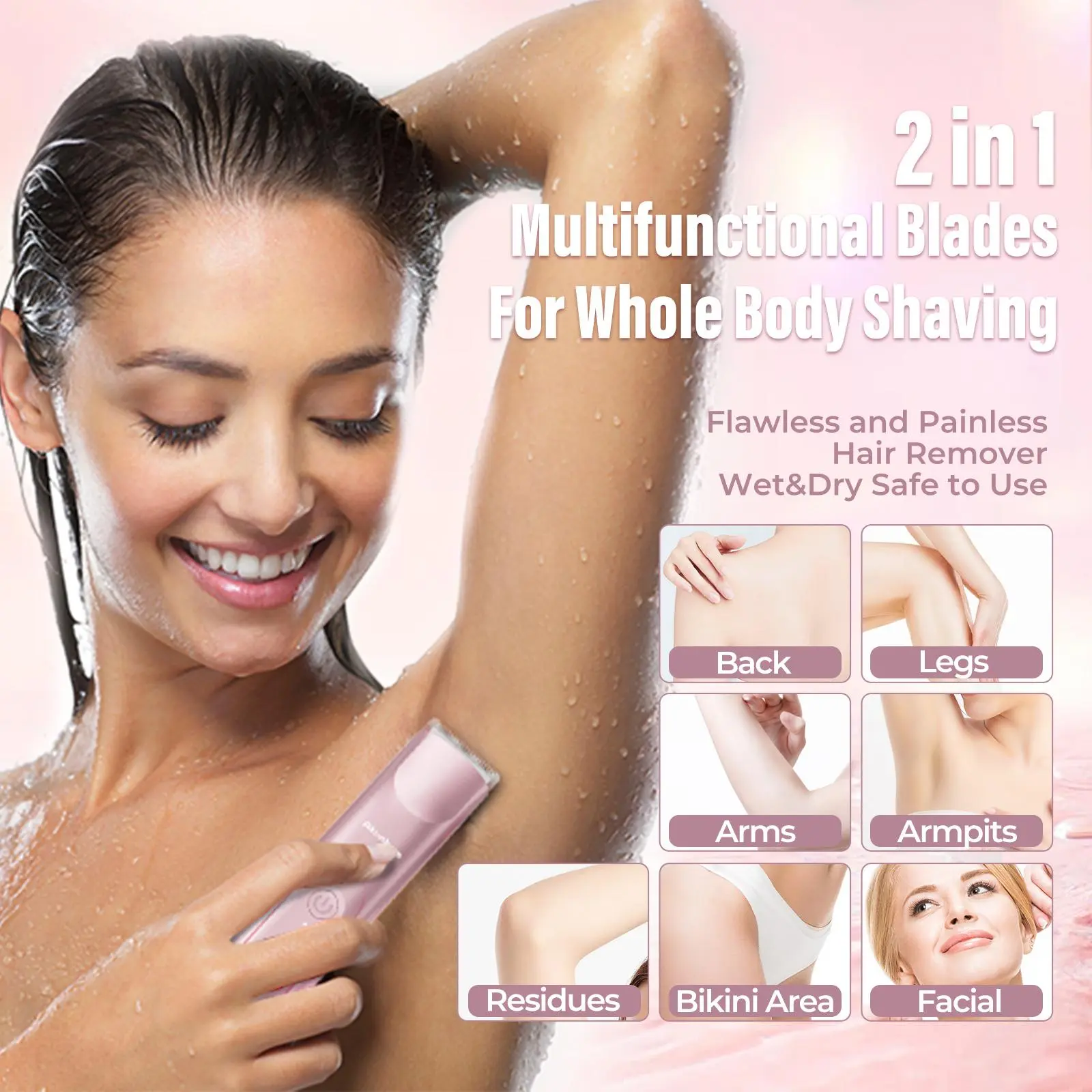 Bikini Trimmer for Women,  Electric Shaver and Razor Rechargeable 2-in-1 Body and Facial Hair Removal Double Head for Painless Trimming of Pubic Face Underarm Legs, IPX7 Waterproof, pink