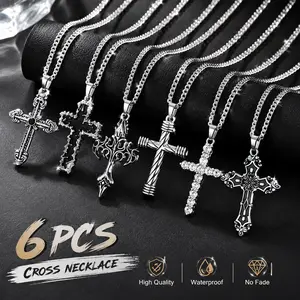 6PCS Cross Pendant Necklace Set for Men & Women – Gothic, Vintage, Zircon & Black Enamel Cross Necklaces, Stainless Steel Chain Jewelry Gift men's jesus  boyfriend perfect xmas chunky punk gold anniversary heart emotional