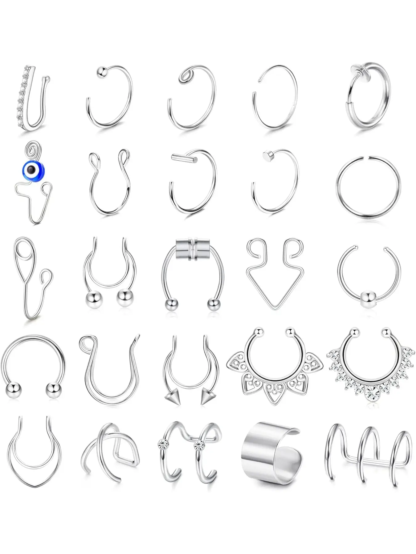 25 fake nose rings for women and men, magnetic diaphragm nose ring, clip for evil eye, nose rings, nose rings, piercing set