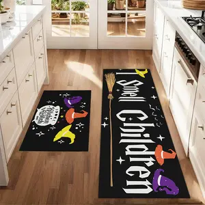 2Pcs Halloween witch hat broom Floor mat set for farmhouse kitchen Rug restaurant floor laundry room decor Decorative Area Rug carpet mat Area Rug