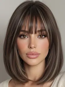 12-inch brown blonde high-top wavy wig, air-style layered straight wig with bangs that hit the collarbone, heat-resistant synthetic rose mesh wig, suitable for everyday work, school, parties, Halloween, and cosplay