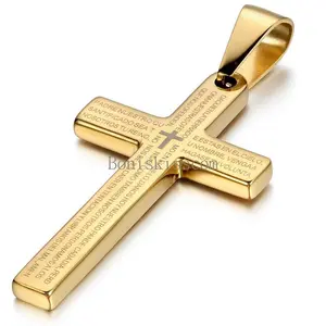 Men's Gold Tone Cross Spanish Bible Text Prayer Stainless Steel Pendant Necklace