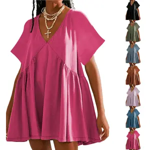 Mundoven Womens Summer Mini Dress Casual Short Sleeve Loose V Neck Swing Sundress with Pocket