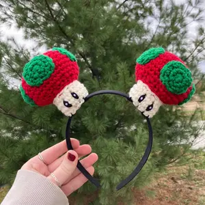 Holiday Video Game Headband with Adorable Crochet Mushrooms Perfect for Festive Gaming and Photo Props