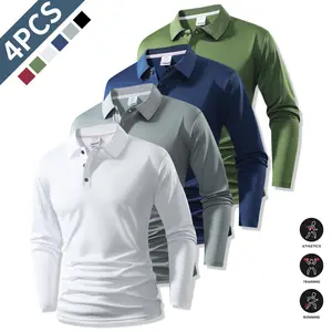 Men's Long Sleeve Shirt Four-Piece Set - Classic Solid Color, Collar - Perfect for Spring and Autumn, Pairs with Golf, Casual and Everyday Clothing