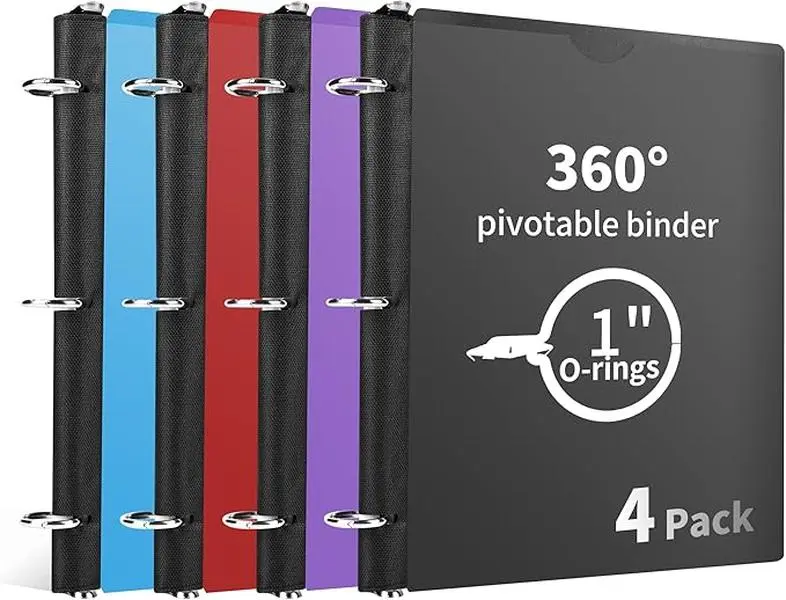 4-Pack 1-Inch 360° Pivotable 3-Ring Binders, Compact Size, Thin and Lightweight Foldable Portable Office Stationery, 11.4x9.5x0.4 In, Folds Like a Spiral Notebook, Ideal for Notes Assignments