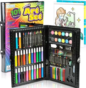 Deluxe Art Set For Kids - Ideal Beginner Artist Kit Includes 101 Pieces - Watercolor, Crayons, Colored Markers, Color Pencils and More & Bonus Coloring Book