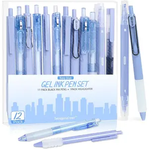 12Pcs Gel Pens Set, 11 Black Ink Pens, 1 Highlighter, Retractable 0.5mm Fine Point Pens for Office School (Navy Blue)