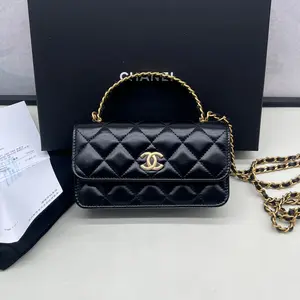 Pre-owned CHANEL 90% New 23P Black Gold Wax Leather Cutout Handle Mini WOC
