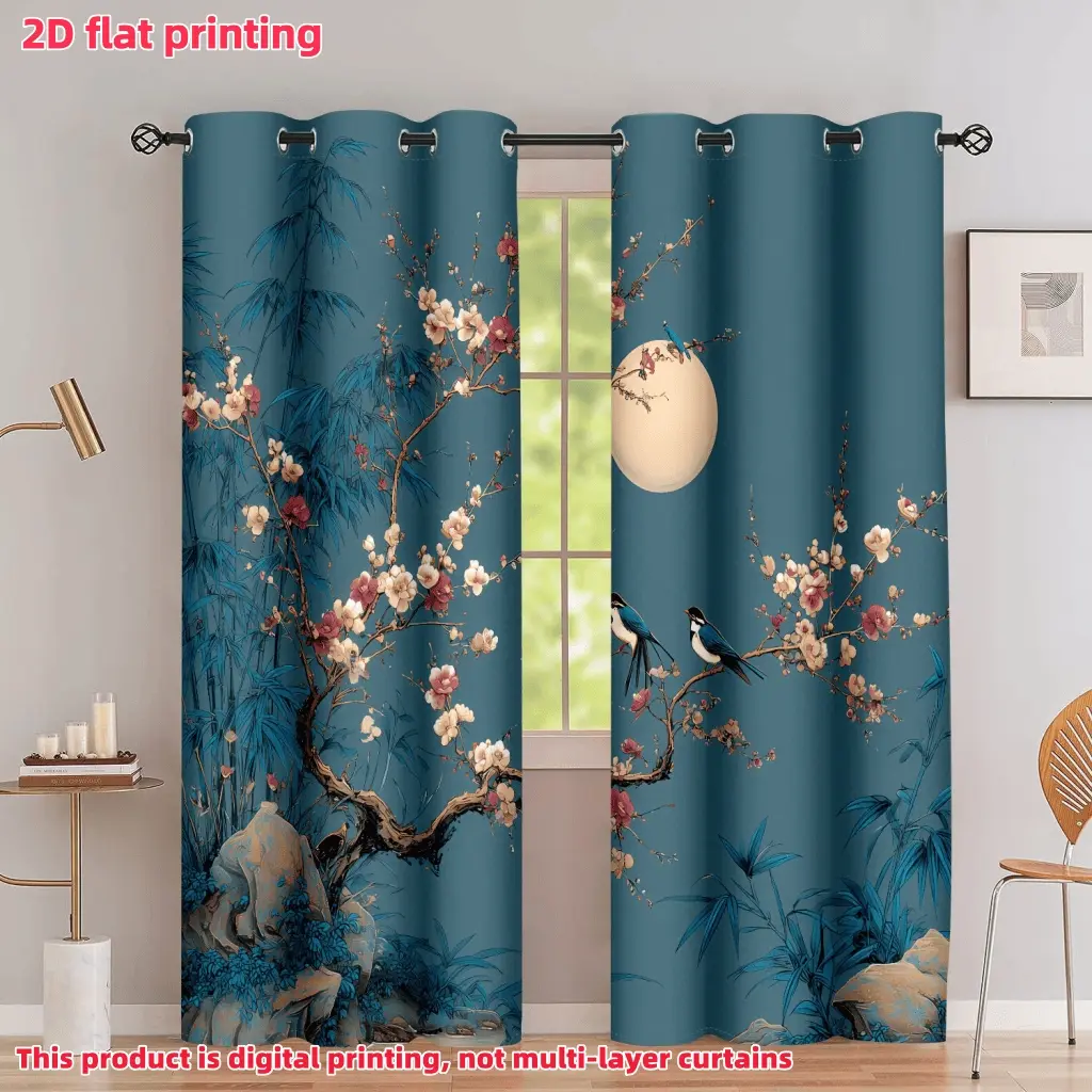 2D Flat 2Pcs Chinese Style Blue Floral & Bird Print Curtains, Semi-Shade Window Drapes, Rod Pocket for Living Room, Bedroom, Dining, Home Decor, Privacy Protection, Modern Elegant