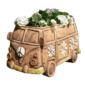 Vintage Hippie Van Design Resin Planter, Succulent Pot with Floral Patterns, Indoor Plant Holder, Gardening Accessories, Flower Pots