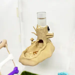 Jumping Water Dispenser  Hideout Magnetic Hanging Feeder and Cave Fence Accessories for Small Animals Such as Spiders arboreal etc. (Wood Color)