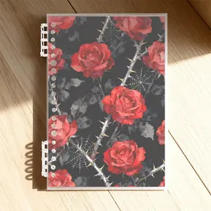 A5 Lined Notebook, Dark Artistic Rose Pattern, Vibrant Red Roses With Gold - Tipped Thorns, Spider Webs & Shadowy Leaves, Premium Paper, Ideal For Office & Daily Use, Unique Design For Stylish Note - Taking