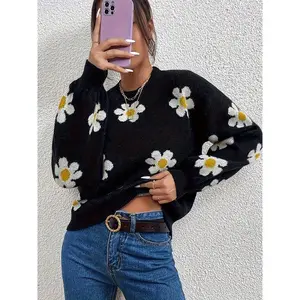 Plus Size Floral Print Drop Shoulder Sweater, Casual Long Sleeve Round Neck Jumper for Fall & Winter, Women's Plus Size Clothing for Daily Wear