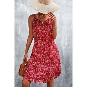 Printed V-Neck Tie Waist Mini Dress