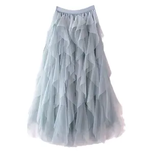 New Arrival Women's Irregular High-Waist A-Line Mesh Skirt Ruffle Tiered Cake Skirt Flowy Puff Midi Skirt