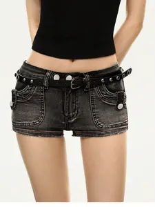Women's Y2K Vintage Washed Denim Shorts Belt, Low-Waist Fitted Design, Drop Waist Style, Perfect for Spring & Fall Fashion