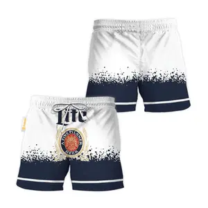 Miller Lite White Blue Basic Swim Trunks, Tropical Print Swim Shorts – Summer Beachwear, Lightweight & Breathable