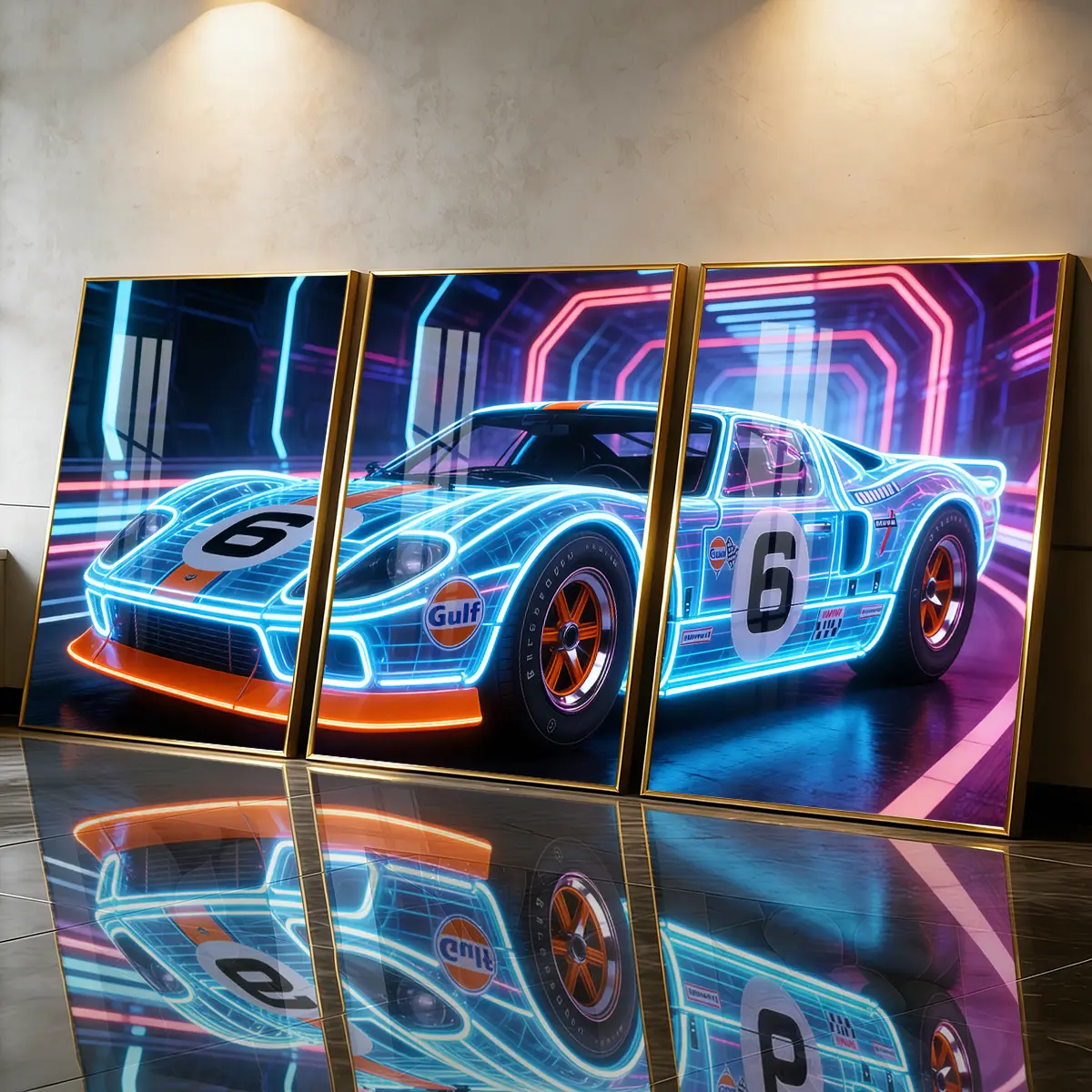 3Pcs Aluminum Alloy Framed Painting, Futuristic Neon Racing Car Picture, Home Decoration For Living Room, Bedroom, OfficeWall Decor, Odorless Print Artwork, Luxury Perfect Gift For Friends And Family