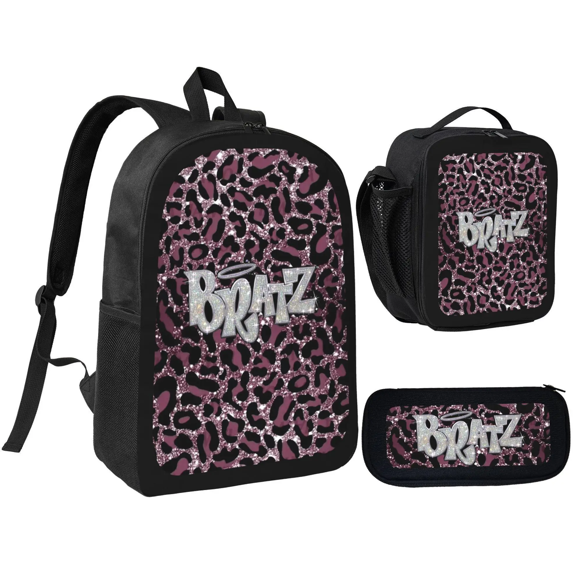 Bratz Glam Print 3-Piece Backpack Kit - Durable Lightweight Poly Backpack with Adjustable Straps, Side Pockets, Matching Lunch Bag & Pencil Case, Daily Use Bags for School Commute