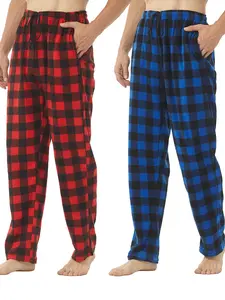 Plus Size Men's Large Plaid Loose Straight Polar Fleece Sleep Pants, Pajamas, Casual Home Wear, Minimalist Style, All-Season Comfortable Loungewear Set