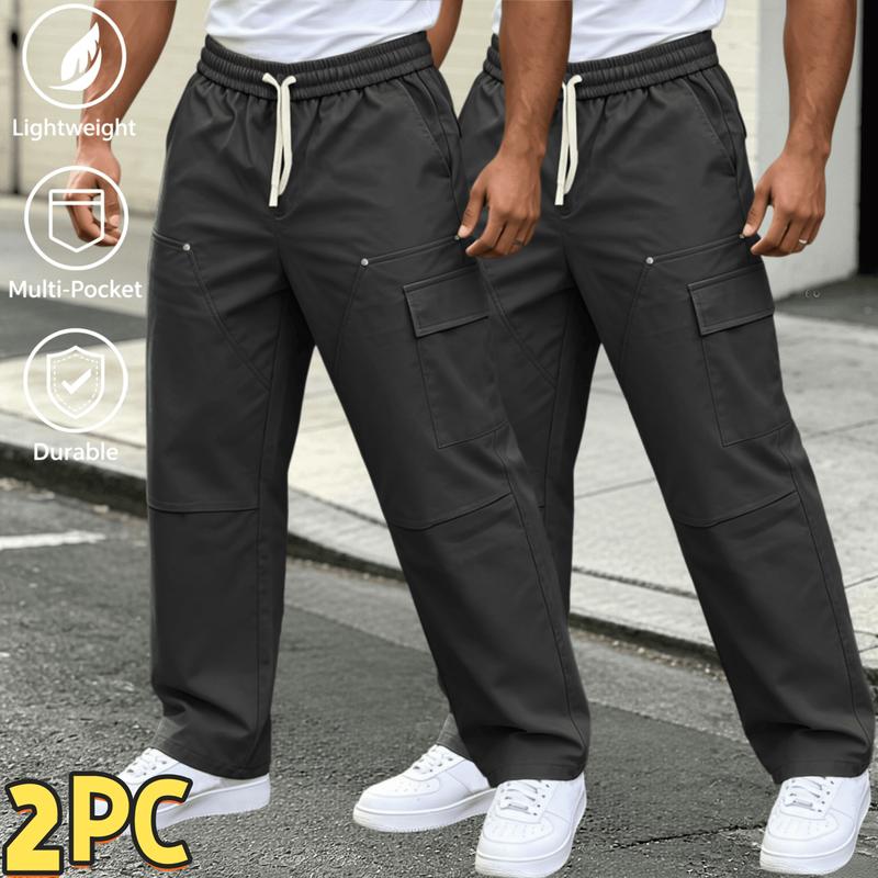 2 Pack Men’s Wide Leg Cargo Pants, Lightweight Durable Multi-Pocket Casual Work Trousers, Elastic Drawstring Loose Straight Leg Streetwear Pants for Outdoor, Walking, Daily Summer Casual Outfits,Lightweight Elastic Workout Sweatpants